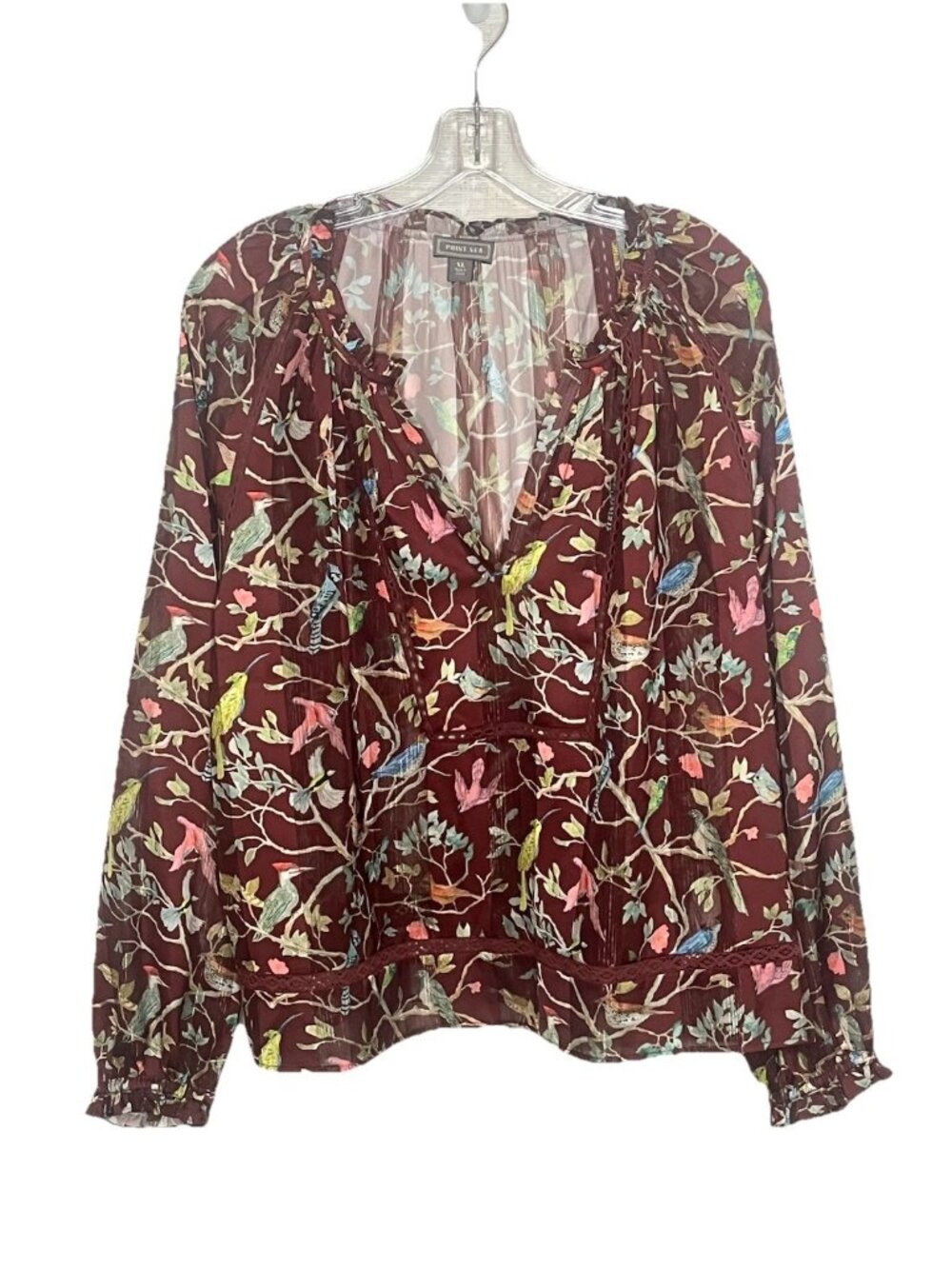 Point Sur Bird Print Sheet Peasant Blouse XL Brown Boho Long Sleeve Floral